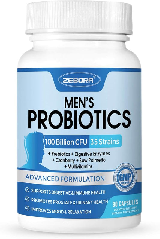 ZEBORA Probiotics for Men 100 Billion CFU - Probiotics for Digestive Health, Men's Probiotics Supplement, Prebiotics & Enzymes, for Prostate Health with Saw Palmetto | 90 Veg Capsules