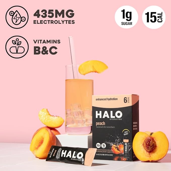 HALO Hydration - Electrolyte Drink Mix | Hydration Powder Packets | Peach Flavor– For Sports and Cycling | Easy Open Single Serving Stick | 12 Sticks