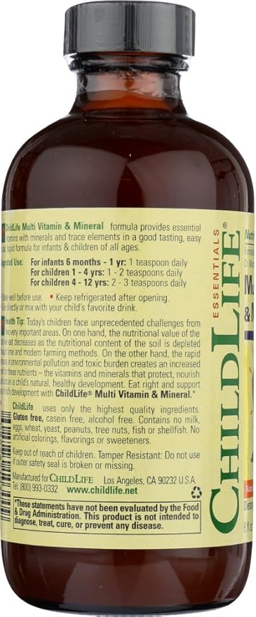 CHILDLIFE ESSENTIALS, Kids Liquid Multivitamin and Mineral Supplement - Liquid Vitamins for Kids, All-Natural, Gluten-Free, Non-GMO - Natural Orange & Mango Flavor, 8 Ounce Bottle (Pack of 2)