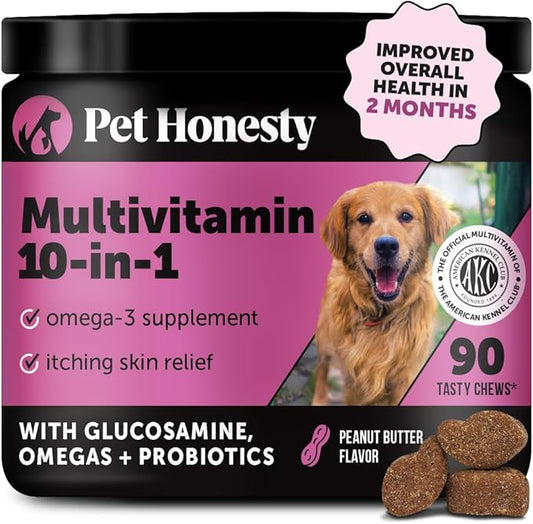 Pet Honesty Multivitamin Dog Supplement, Glucosamine chondroitin for Dogs, Probiotics, Omega Fish Oil, Dog Supplements & Vitamins, Dog Vitamins for Skin and Coat Allergies, (Peanut Butter 90 ct)