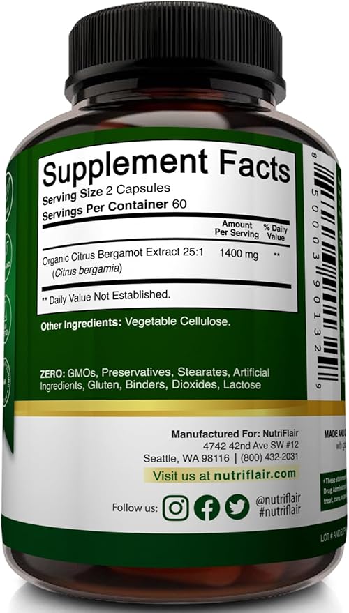 NutriFlair Organic Citrus Bergamot 1400mg, 120 Capsules - 25:1 Citrus Bergamia - Essential Oil and Citrus Bioflavonoids - Natural Heart Health Supplements for Women and Men - Non-GMO Pills
