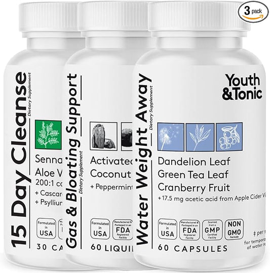Youth & Tonic 3X Belly Bloating Pills for Puffiness, Water Debloat, Stomach, Gut & Colon Cleanse Detox | with Liquid Activated Charcoal, Coconut & Peppermint Oil, Senna Leaf & More | 150 Capsules