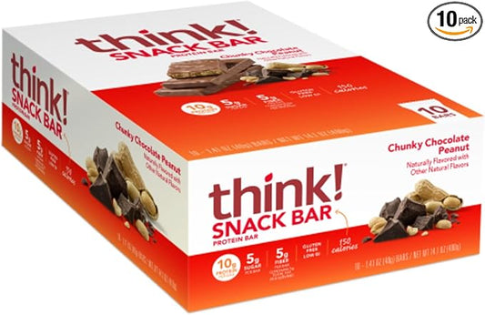 think! Protein Bars with Chicory Root for Fiber, Digestive Support, Gluten Free with Whey Protein Isolate, Chunky Chocolate Peanut, Snack Bars without Artificial Sweeteners, 1.4 Oz (10 Count)