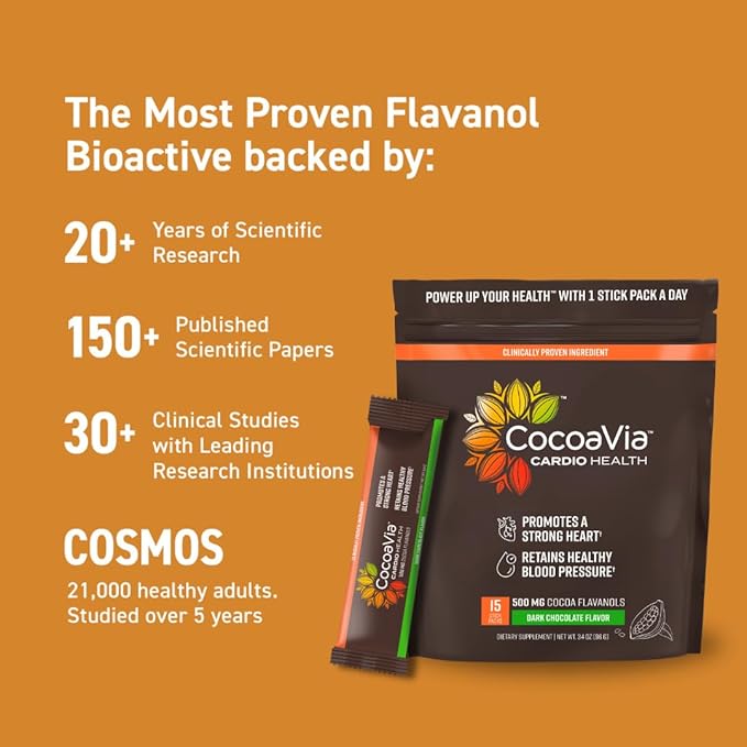 CocoaVia Cardio Health Cocoa Powder, 15 Single Serve Sticks, 500mg Cocoa Flavanols, Support Heart Health, Boost Nitric Oxide, Improve Circulation, Energy, Preworkout, Travel-Friendly, Vegan, Cacao