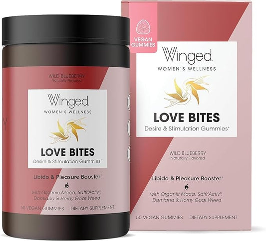 Winged Wellness Love Bites - in The Mood Organic Gluten Free, Non GMO Formula Designed by Women for Women - Stress Management + Feeling Hot Energy - 50 ct.