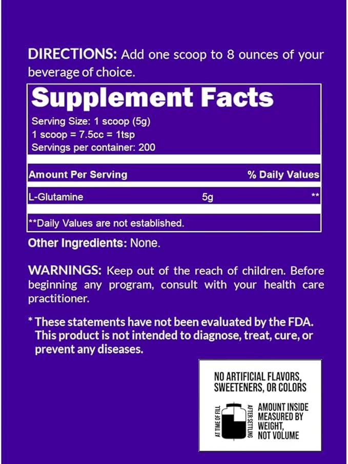 Pure L-Glutamine Made in The USA - 200 Servings - 1,000g, 2.2lb Bulk, Vegan, Non-GMO, Gluten and Soy Free. Minimize Muscle Breakdown & Improve Protein Synthesis. Nothing Artificial