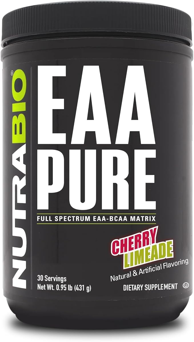 NutraBio – EAA Pure – 9 Amino Acids – Muscle Repair and Recovery, 30 Servings, Cherry Limeade – Pre or Post Workout – All Day Recovery