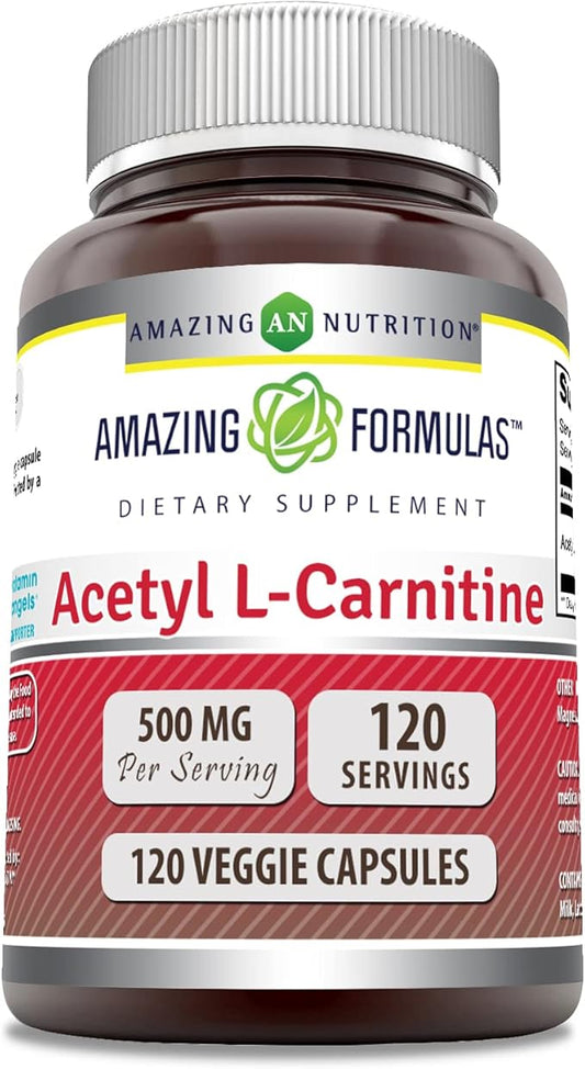 Amazing Formulas Acetyl L-Carnitine Hcl Supplement | 500 Mg Per Serving | 120 Veggie Capsules Supplement | Non-GMO | Gluten Free | Made in USA
