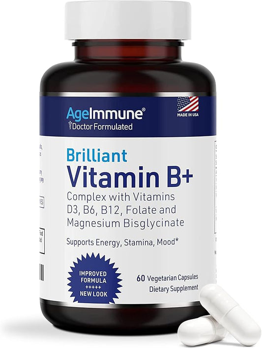 Vitamin B Complex - 60 Capsules with Vitamins B6 20mg D3 1000IU Magnesium Bisglycinate 260mg Methyl B12 1000mcg and Folate as Methylfolate 600mcg DFE. Doctor Formulated MTHFR Support Supplement.