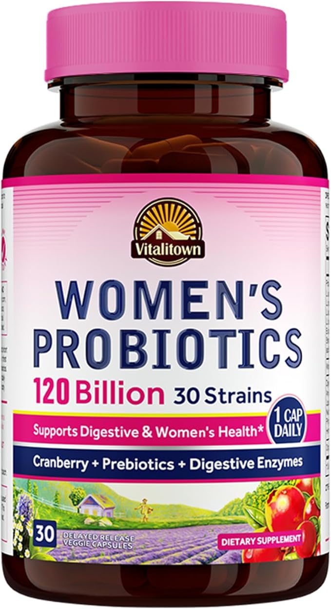 Vitalitown Probiotics for Women 120 Billion CFUs, 30 Strains, with Prebiotics & Digestive Enzymes & Cranberry, Gut & Vaginal Health, Vegan 30 Delayed Release Caps