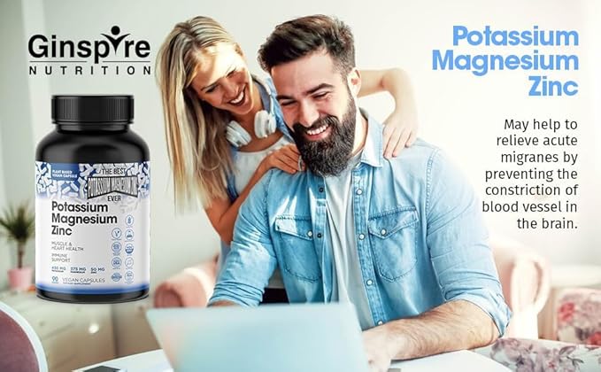 Magnesium Potassium Supplements w/Zinc - 90 Capsules - Magnesium Potassium Zinc for Vascular Health – High Absorption Vegan Potassium Magnesium Supplement for Leg Cramps & Sleep