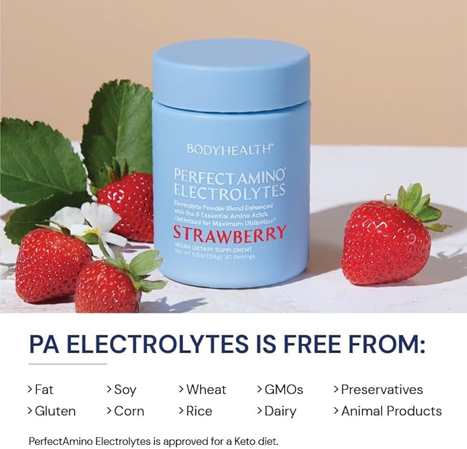 BodyHealth PerfectAmino Electrolytes Powder, Hydration Powder, Sugar Free Electrolyte Drink Mix, Keto Electrolytes Powder, Non GMO, Strawberry Flavor (30 Servings)
