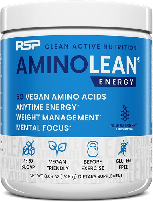 RSP NUTRITION AminoLean Pre Workout Powder, Amino Energy & Weight Management with Vegan BCAA Amino Acids, Natural Caffeine, Preworkout Boost for Men & Women, 30 Serv