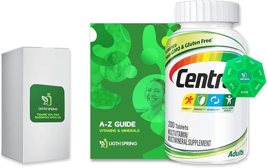 Adult Multivitamin/Multimineral Supplement with Antioxidants, Zinc, Vitamin D3 and B Vitamins 200 Tablets with Weekly Pill Organizer, A to Z Ligth&Spring Guide (3 Items)