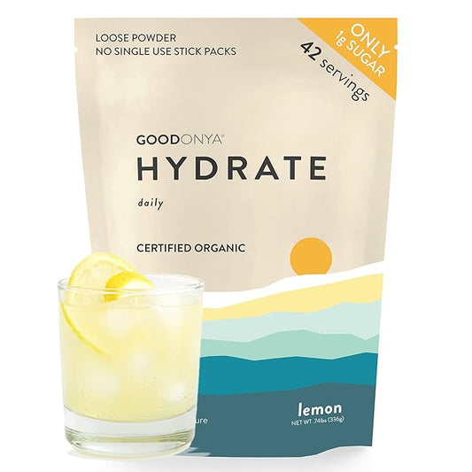GOODONYA Organic Hydration Electrolyte Powder | Lemon, Coconut Water, Magnesium, Himalayan Pink Salt | Only 1g Sugar, No Artificial Flavors | USDA Organic & Plant-Based | 42 Servings