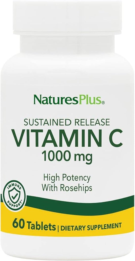 Natures Plus Vitamin C with Rose HIPS, Sustained Release - 1000 mg Ascorbic Acid, 60 Vegetarian Tablets -Gluten-Free - 60 Servings