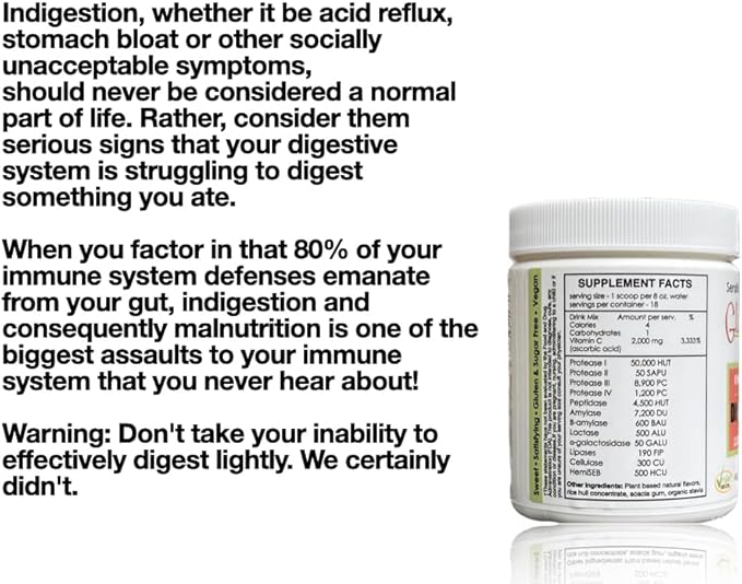 Sufficient C - Glutenizer Force Plus Kiwi-Strawberry Digestive-Ade Drink Mix - Premium, Full Spectrum Vegan enzymes Plus 2,000 mg. Gut Healing Vitamin C - Acid Indigestion & Stomach Bloat Solution