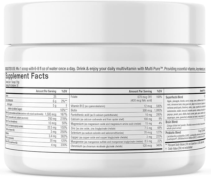 Reclaim Multi Pure Lemon Lime, Immune Support, Vitamin C, Vitamin B Complex, Probiotic, Superfood Powder, Calcium, Magnesium Oxide, (30 Servings) (Lemon Lime)