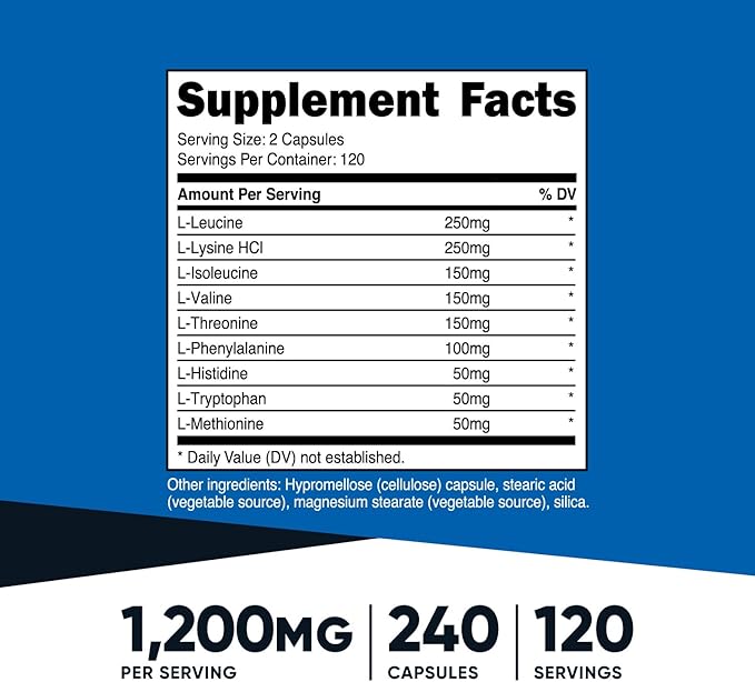 Nutricost EAA Capsules 1200mg, 240 Capsules - Essential Amino Acids, 120 Servings - Non-GMO, Gluten Free & Vegan