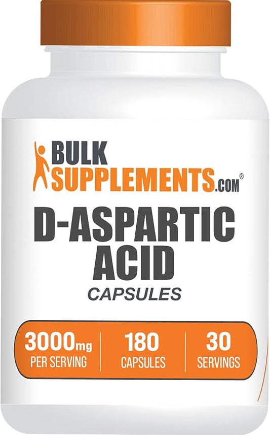 BulkSupplements.com D-Aspartic Acid Capsules - DAA Supplement for Men & Women, D-Aspartic Acid 3000mg - Unflavored & Soy Free, 6 Capsules per Serving, 180 Capsules (Pack of 1)