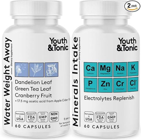 Water Weight Pills for Thin Waistline Belly Bloating Swelling & Temporary Water Retention + Electrolytes Replenish as Natural Diuretic Supplement for Woman & Men – 120 Capsules by Youth & Tonic