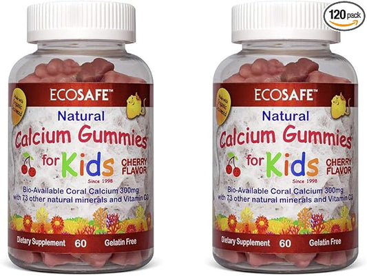 Coral Calcium Vitamin D3 Kids Gummy, Natural Cherry Flavor, Non GMO, Gluten-Free, Dairy-Free, Soy-Free and Gelatin Free - 300 mg of Calcium, and 800 IU of Vitamin D3-60 Gummies (2 Pack)