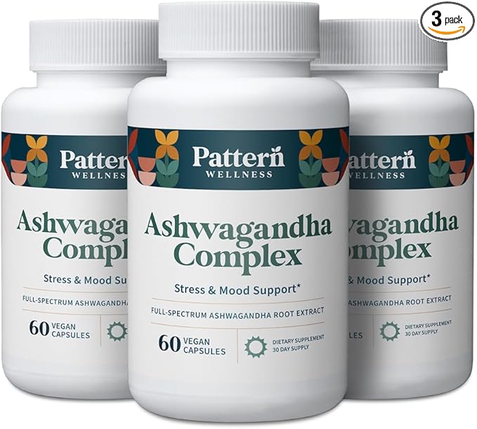 Pattern Wellness Ashwagandha Complex for Men & Women - KSM-66 & Black Pepper Extract - Whole Body & Heart Health - Supports Stress & Mood - Non-GMO - 180 Vegan Capsules