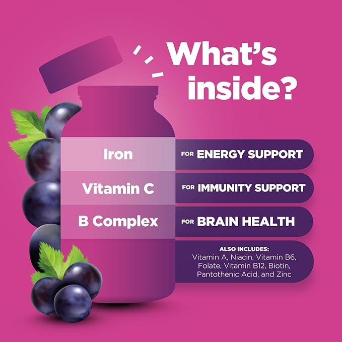 Tasty Kids Multivitamin with Iron Gummy - Gentle Iron Gummies for Kids and Toddlers with Vitamin C and B Complex - Non Constipating Iron Supplements for Kids - Vegetarian Non GMO Kosher Gluten Free