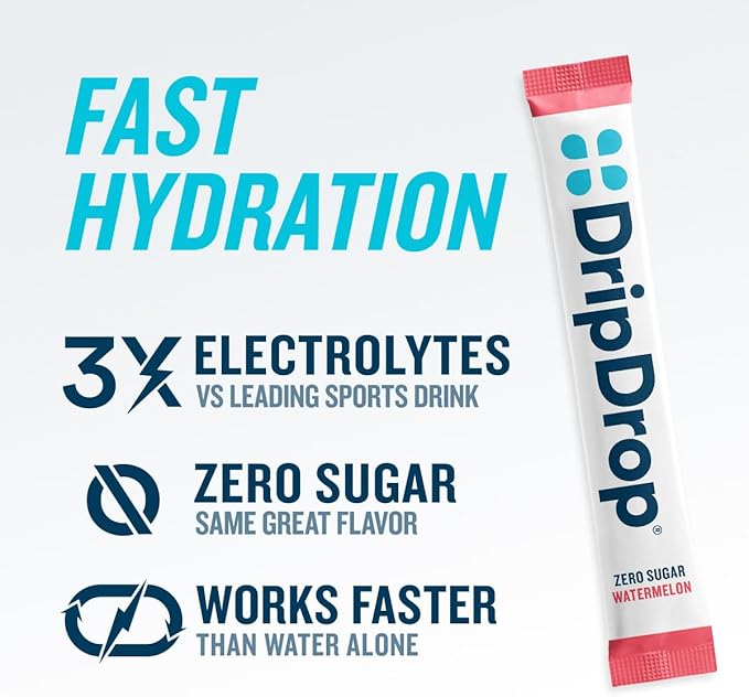 DripDrop Hydration - Zero Sugar Variety Pack - Electrolyte Drink Mix Hydration Powder Packets - Lemon Lime, Watermelon, Peach, Passion Fruit | Non-GMO, Gluten Free, Vegan | 32 Sticks