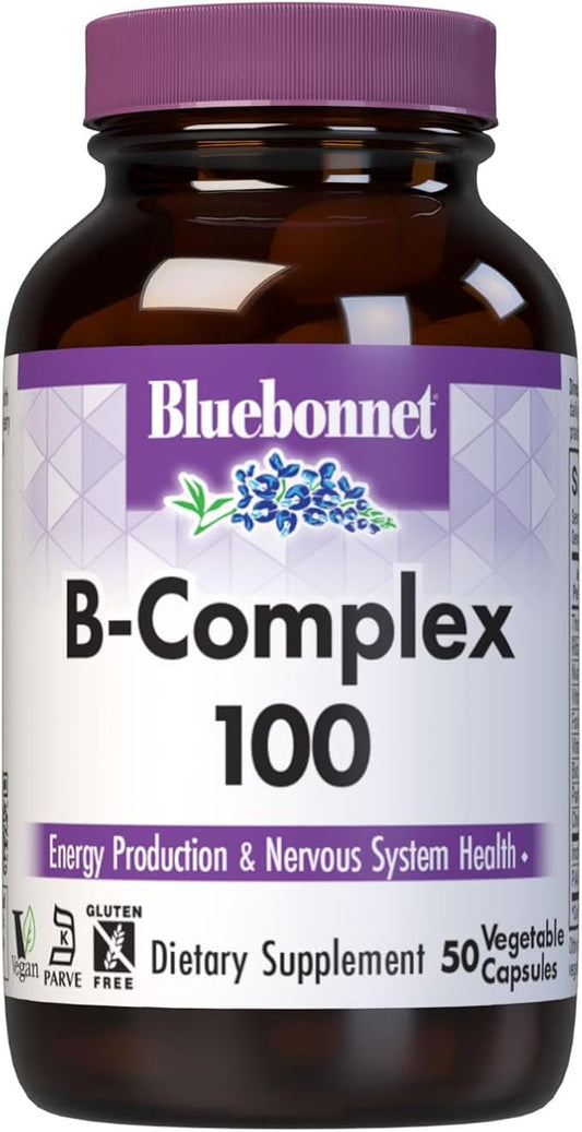 Bluebonnet Nutrition B Complex 100 Vegetable Capsules, Complete Full Spectrum, Vitamin B6, B12, Biotin, Folate, Vegan, Vegetarian, Gluten Free, Soy Free, Milk Free, Kosher, 50 Vegetable Capsules