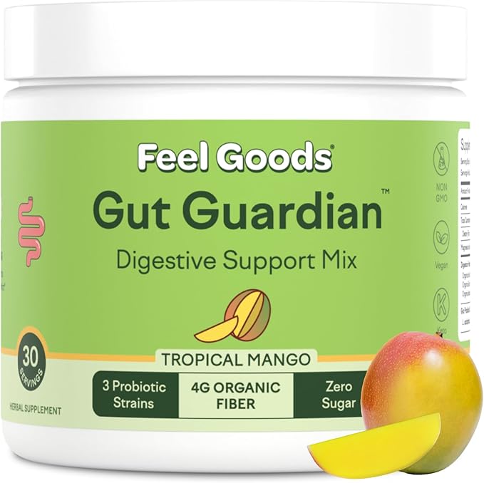 Feel Goods Gut Guardian, Prebiotic & Probiotic Powder, Sugar Free, Organic Fiber, Herbs for Bloat, Gut Health Support, Digestive Health for Men & Women, Non GMO, Vegan | Tropical Mango, 30CT