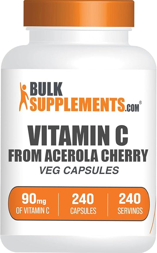 BulkSupplements.com Vitamin C from Acerola Cherry Capsules - Acerola Cherry Vitamin C Supplement - Gluten Free, 1 Capsule per Serving, 240 Veg Capsules (Pack of 1)