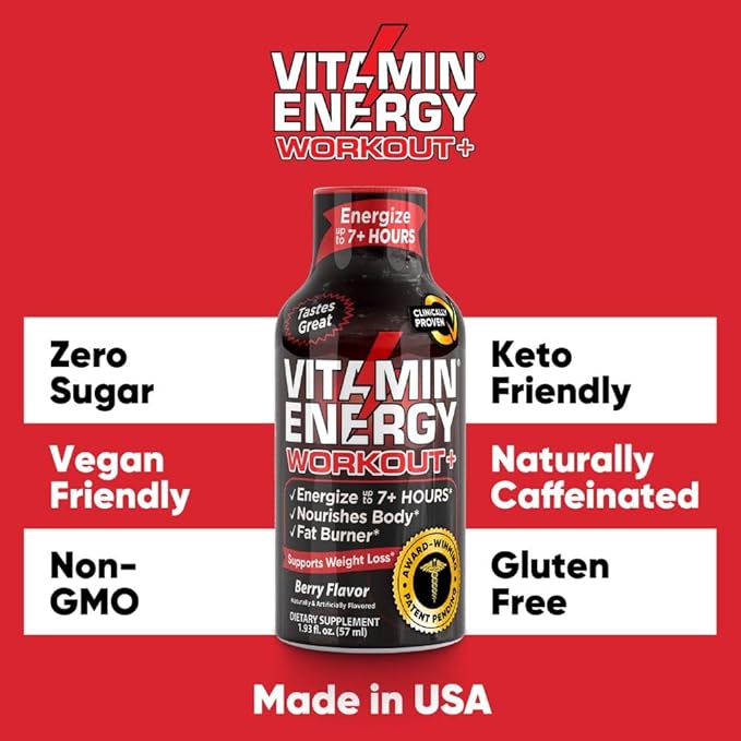 Pre Workout Vitamin Energy Drink - Keto Friendly Sugar Free Shots | Natural Clean Green Tea Caffeine with Proprietary Endurance Blend | Energize up to 7+ Hours - Berry - 1.93 Fl Oz (Pack of 24)