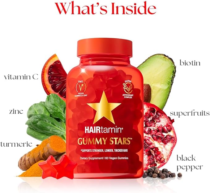 HAIRtamin Vegan Gummy Stars Hair Vitamins | Non-GMO | All Natural Biotin Hair Vitamin Gummies to Maintain Healthy Hair Skin & Nails | Multivitamin Supplement
