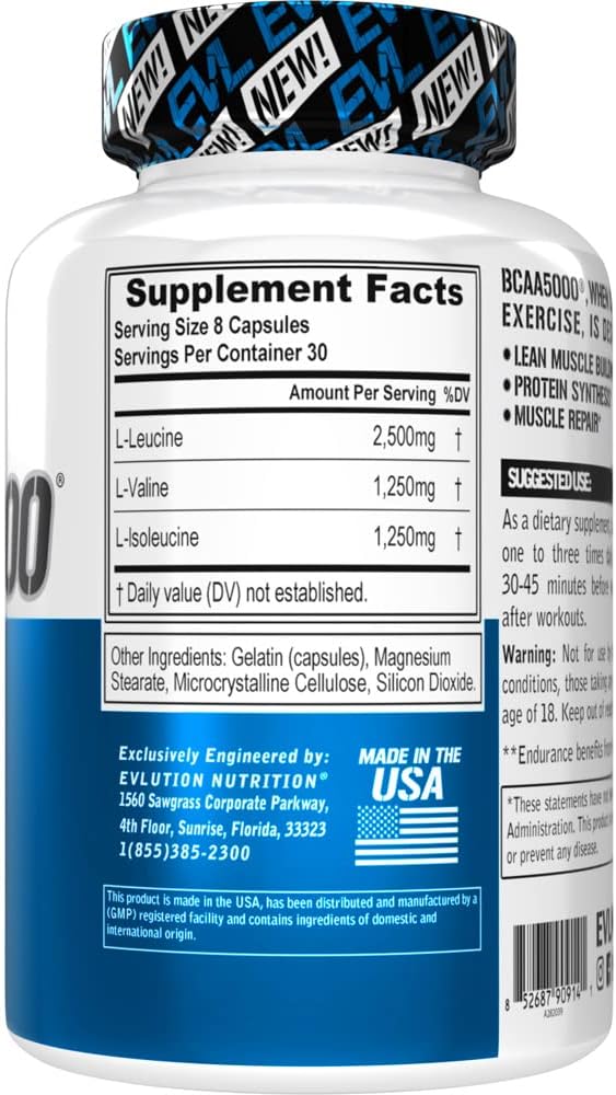 BCAAs Amino Acids Supplement for Men - EVL 2:1:1 5g BCAA Capsules for Post Workout Recovery and Lean Muscle Builder for Men - BCAA5000 Branched Chain Amino Acids Nutritional Supplement - 30 Servings