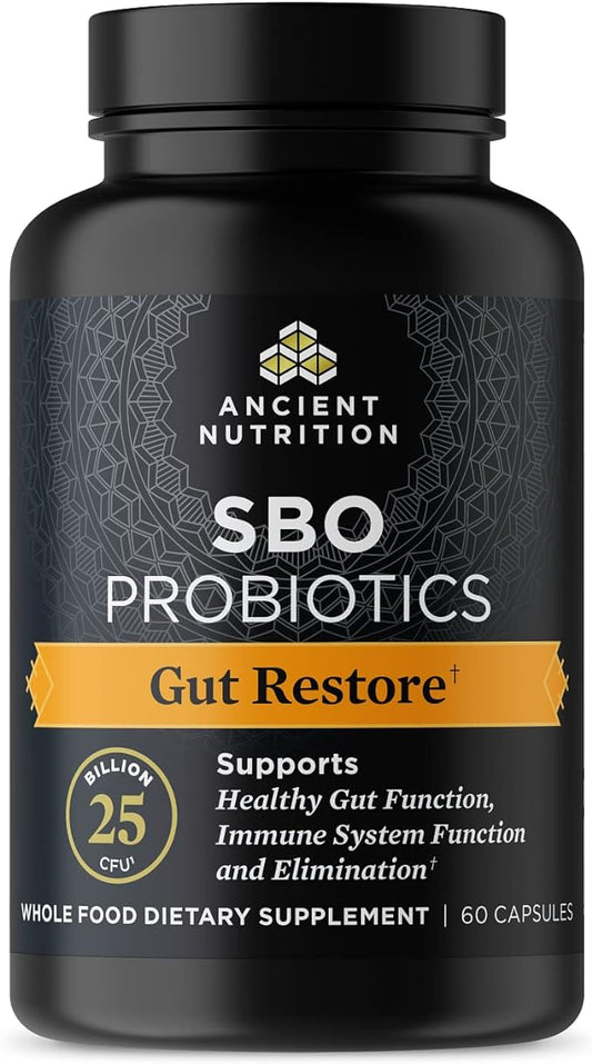 Probiotics by Ancient Nutrition, SBO Probiotics Gut Restore 60 Ct, Promotes Gut Health, Digestive and Immune Support, Gluten Free, Ancient Superfoods Blend, 25 Billion CFUs* Per Serving