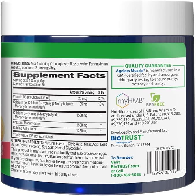 BioTrust Ageless Muscle Builder - Creatine HMB Powder with Vitamin D3 & Betaine - Build & Preserve Naturally Declining Muscle Mass & Strength - Fruit Punch, 60 Servings