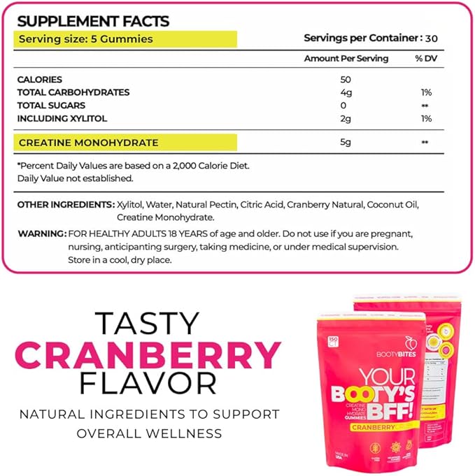 Creatine Gummies for Women, 5g - Creatine Monohydrate for Women - Workout Recovery, Muscle Toner, Boost Energy - Booty Gummies - Gluten Free, Vegan Creatine Chews Gummy, Cranberry Flavor (300)