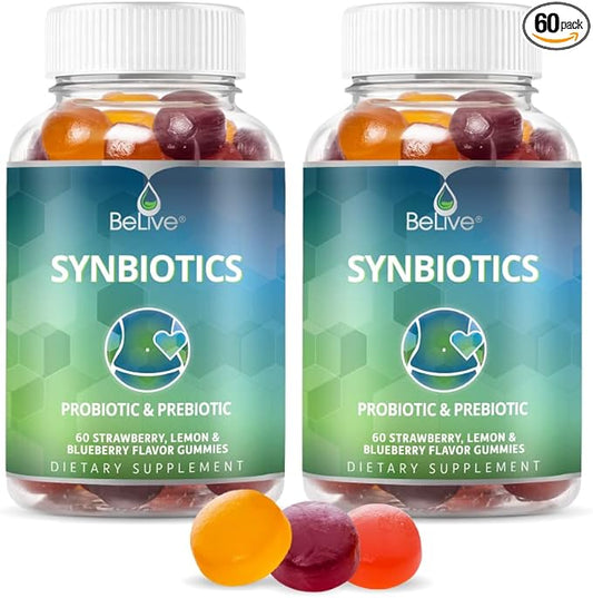 BeLive Synbiotics - Probiotic & Prebiotic Fiber Gummies – High Strength Inulin (3g), Dietary Fiber Supplement, Digestive Support for Kids & Adults - Strawberry, Lemon, Blueberry Flavor | 2-Pack
