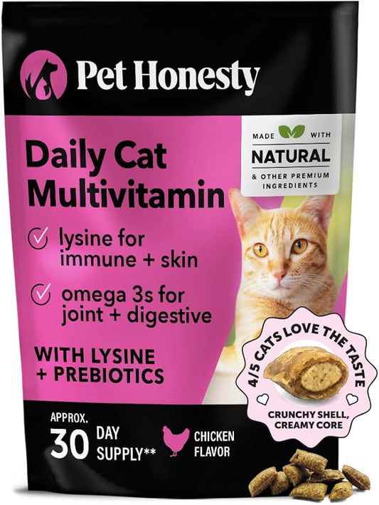 Pet Honesty Cat Multivitamin Chews - Cat Treats for Health + Immune, Cat Joint Support, Skin & Coat, and Digestion | Omega 3s, Lysine for Cats, Cat Probiotic, Cat Vitamins - Chicken (30-Day Supply)