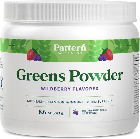 Pattern Wellness Greens Powder Superfood - Complete with Antioxidant, Digestive Enzyme, Fiber, Probiotic, & Adaptogen Blends - Gut, Digestion, & Immune System - 30 Servings - 8.6 oz (Wildberry Flavor)