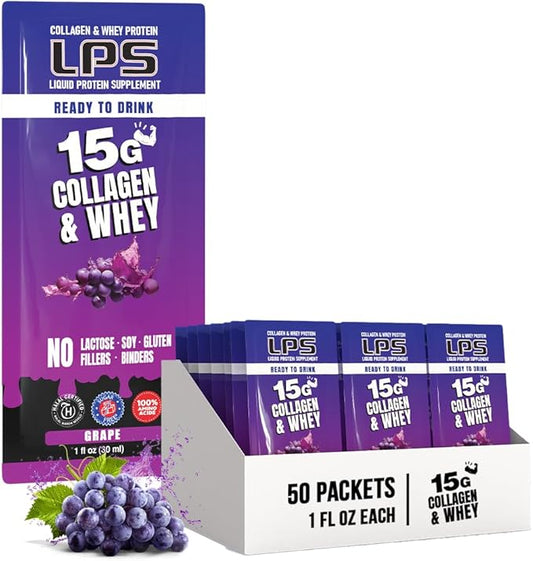 Nutritional Designs LPS Liquid Collagen & Whey Protein Supplement - Non-GMO Drink, Sugar-Free - Promotes Healthy Skin & Hair for Men & Women, Grape, Single Serve (50 Packets)