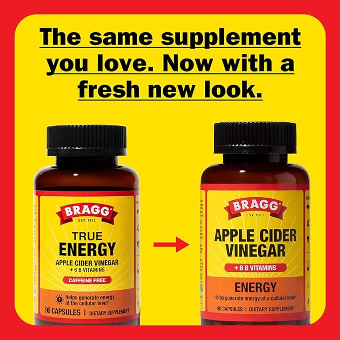 Bragg Energy Apple Cider Vinegar Capsules with B Vitamins - (2 Pack) 90 Capsules - Helps Generate Energy at Cellular Level