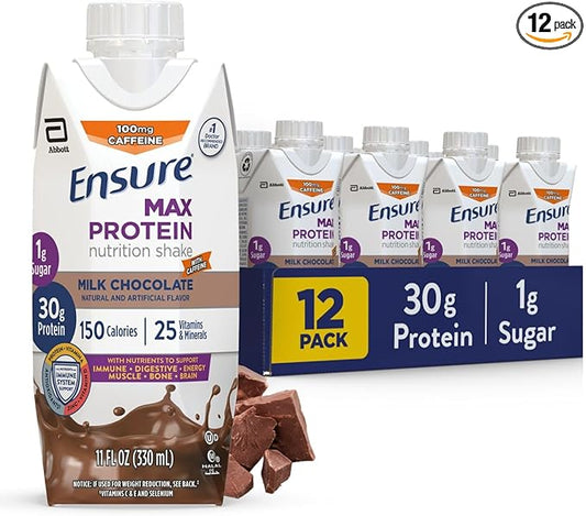 Ensure Max Protein Milk Chocolate with Caffeine Nutrition Shake | 30g Protein, 1g Sugar, 4g Fiber Blend | 12 Pack