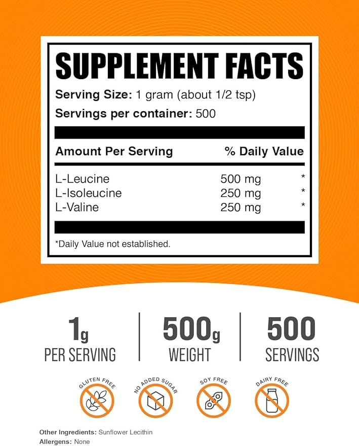 BulkSupplements.com BCAA 2:1:1 Powder - Branched Chain Amino Acids, BCAA Supplement, BCAAs Amino Acids Powder - Unflavored & Gluten Free, 1000mg per Serving, 500g (1.1 lbs) (Pack of 1)