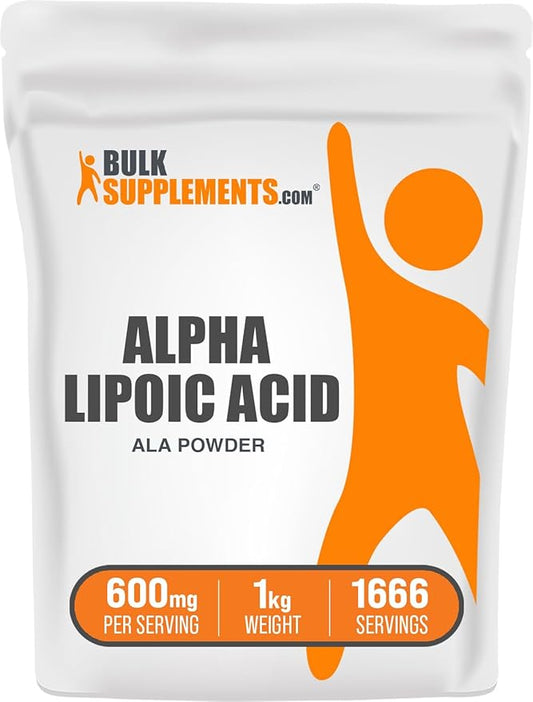 BulkSupplements.com Alpha Lipoic Acid Powder - ALA Supplement, Alpha Lipoic Acid 600mg - ALA Powder, Gluten Free - 600mg of Alpha-Lipoic Acid per Serving, 1kg (2.2 lbs) (Pack of 1)