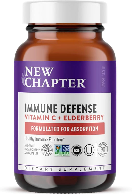 New Chapter® Vitamin C Immune Defense Supplement + Elderberry – Excellent Source of Vitamin C, One Daily Tablet for Healthy Immune Support, Made with Organic Herbs, Non-GMO, Gluten Free, 90 ct