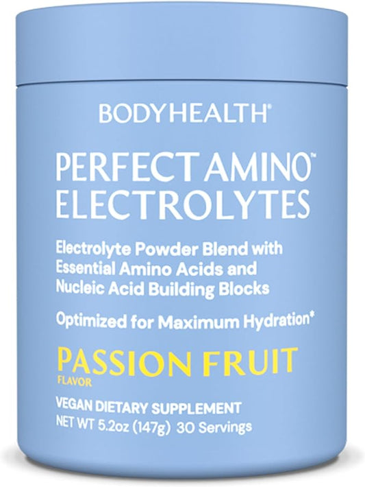 BodyHealth PerfectAmino Electrolytes Powder, Hydration Powder, Sugar Free Electrolyte Drink Mix, Keto Electrolytes Powder, Non GMO, Passion Fruit Flavor (30 Servings)