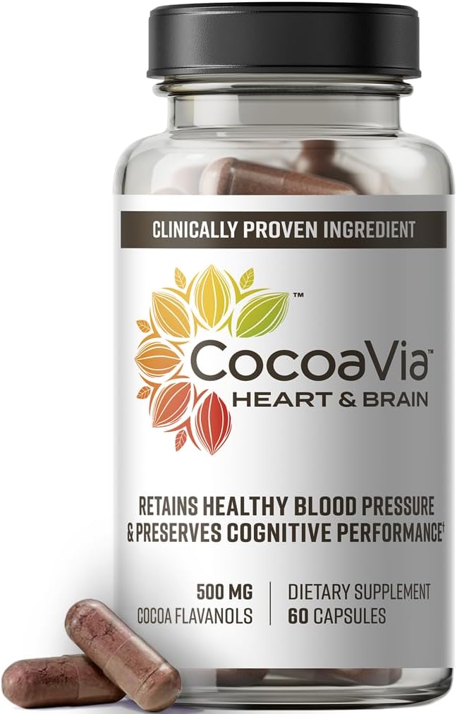 CocoaVia Heart & Brain Supplement, 30 Day, Cocoa Flavanol Extract, Memory & Circulation Booster, Nitric Oxide, Boost Oxygen & Energy, Plant Based, Gluten Free, Vegan, 60 Capsules