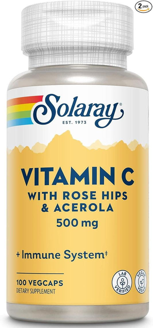 SOLARAY C w/Rose HIPS & Acerola Two-Stage, Timed-Release, Veg Cap (Btl-Plastic) 500mg | 100 Count | Pack of 2